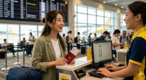 空港のカウンターで座席調整の相談をし、スタッフの神対応に喜ぶ若い女性の様子