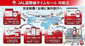 JAL国際線タイムセールを完全制覇するための6つの攻略法（開始時間の待機、事前ログイン、複数日程の用意、素早い予約、ルールの確認、他社比較）をまとめた図解