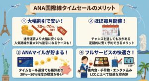 ANA国際線タイムセール 4つのメリット(大幅割引、毎月開催、マイル積算、フルサービス)のインフォグラフィック