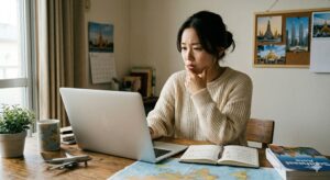 エアアジアのタイムセール開催時期（いつ？）について悩み、デスクで考え込む日本人女性：公式カレンダーと「？」マークが浮かんでいるイメージ図