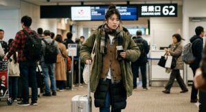 LCCに服を着込んで搭乗する人