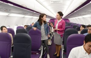 ピーチ機内で空席への移動を試みた女性客に、客室乗務員（CA）が注意をしている様子