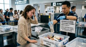 空港の保安検査場で液体を没収される旅行者