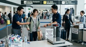 JAL・ANAとLCCの機内持ち込みルール比較インフォグラフィック。JAL・ANA（フルサービス）は合計2個・10kg以内、主要LCC（エアアジア・ジェットスター等）は合計2個・7kg以内と重量制限の違いを強調。サイズ規定の差も図解した比較イメージ。