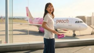 ピーチ（Peach）新塗装機体とグランドスタッフのイメージ画像（2026年リニューアル版）