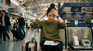 架空のLCC(格安航空会社)カウンター前で、航空券の氏名スペルミスに気づき頭を抱えて焦る女性のリアルな様子