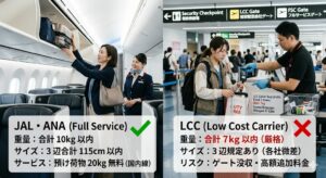 JAL・ANA（フルサービス）とLCCの機内持ち込みルール比較図