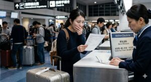 国際線の予約ミスで10万円の追加料金を突きつけられ、絶望する旅行客のイメージ
