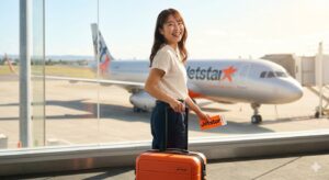 Jetstarのチケットを持ち、空港を歩く笑顔の女性