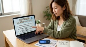 PC画面でLCC予約の注意点とチェックリストを指差し確認する女性。手元には荷物測定用のデジタルはかり