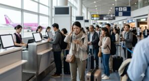 ピーチ航空機を背景に、空港のチェックインカウンター前でスマホを見て頭を抱え、焦った表情を浮かべる女性と、列に並ぶ他の乗客たちの様子