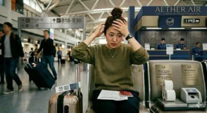 成田空港第3ターミナルでチェックイン締切に間に合わず、途方に暮れる女性旅行者