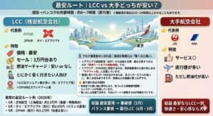 成田発バンコク行きLCCと大手航空会社（JAL・ANA）の価格・特徴比較インフォグラフィック
