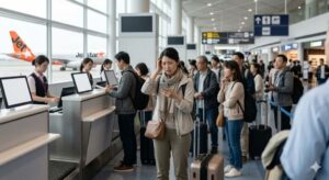 ジェットスター機を背景に、空港のチェックインカウンター前でスマホを見て頭を抱え、焦った表情を浮かべる女性と、列に並ぶ他の乗客たちの様子