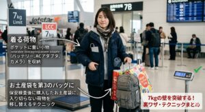 LCCの7kg制限を突破する機内持ち込み裏ワザの図解イメージ。ポケットの多いジャケットに重い小物を収納する「着る荷物」作戦や、保安検査後のお土産袋を活用するテクニックを紹介。背景にはジェットスターの搭乗口と、6.9kgを表示する計量器のイラスト。