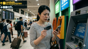ドンムアン空港のATM前で、旅行者が極度の緊張状態でスマホを握りしめながら立っている人