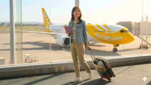 スクートの大型機ボーイング787を背景に、空港ターミナルを笑顔で歩く女性。LCCでの海外旅行・搭乗手続きのイメージ図