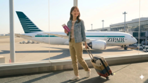 zipairの大型機ボーイング787を背景に、空港ターミナルを笑顔で歩く女性。LCCでの海外旅行・搭乗手続きのイメージ図