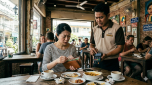 東南アジアの外国人向けカフェで、クレジットカード決済エラーに困っているイメージ