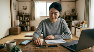 日本の自宅で、再発行されたクレジットカードと古いカードを机の上に並べながら確認しているイメージ