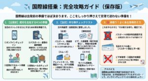 国際線搭乗の完全攻略ガイド：出発前の準備・持ち物チェックリスト・注意すべきミスのまとめ図解