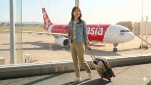 エアアジアの大型機エアバスA330を背景に、空港ターミナルを笑顔で歩く女性。LCCでの海外旅行・搭乗手続きのイメージ図。