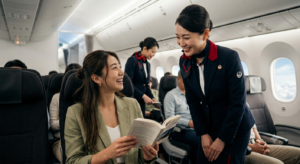 国内線フライトの機内エコノミークラスで、読書中の女性客と笑顔で会話を交わすJALのCA(客室乗務員)